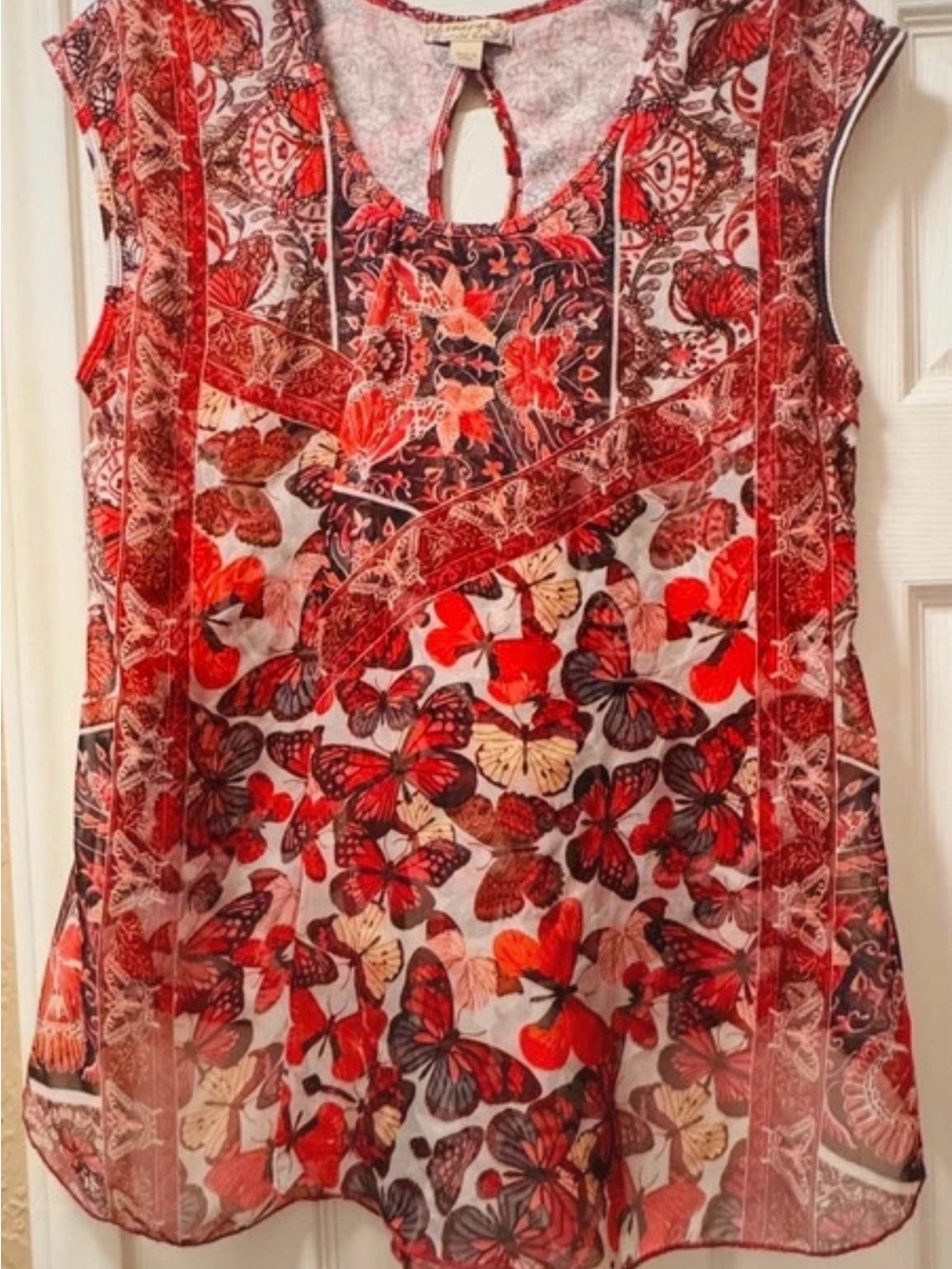 Energie Red and Cream Butterfly Print Sleeveless Camisole with Back Keyhole